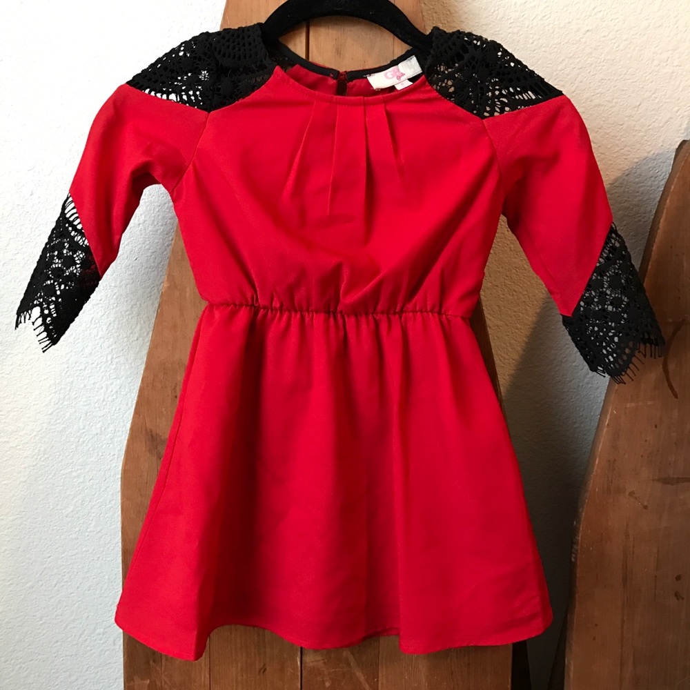 Red chiffon dress-black lace detail